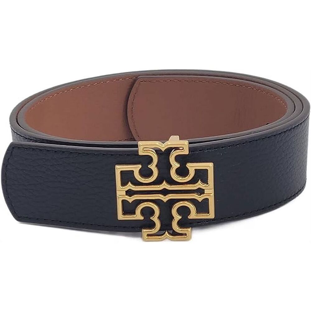 Tory Burch Black Leather Belt with Gold Logo Buckle